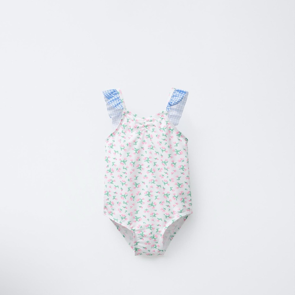 Zara Pink Floral One-Piece Swimsuit with Blue Gingham Straps